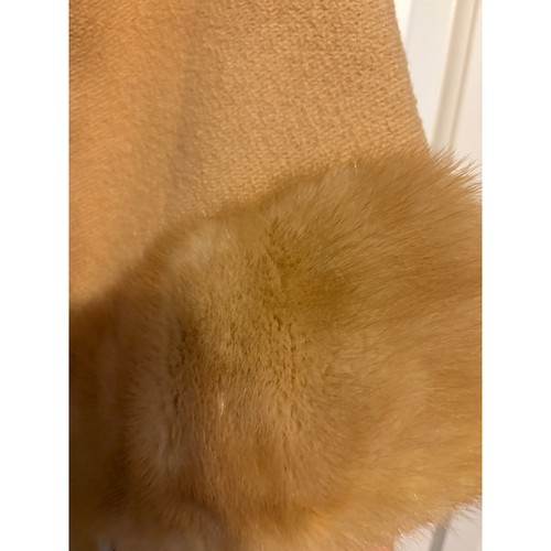 Vintage Wool Coat Fur Collar Cuffs Tan Beige Long Winter Overcoat - Picture 6 of 12