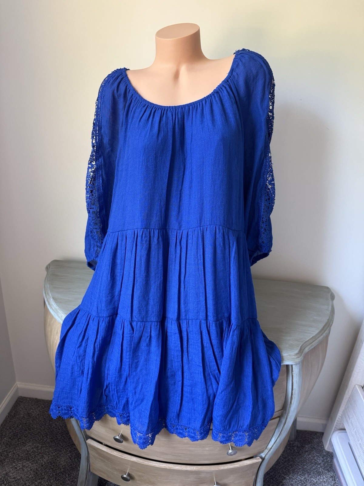 INDIGO ROSE Dress BOHEMIAN Peasant Blue Tiered Size 3x Plus Woman Lined 3/4 Puff