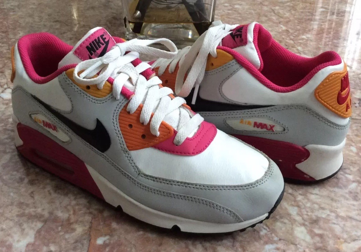 Nike Air Max 90 Kids White Black-Neutral Grey-Fireberry Shoes Sz  345017-113