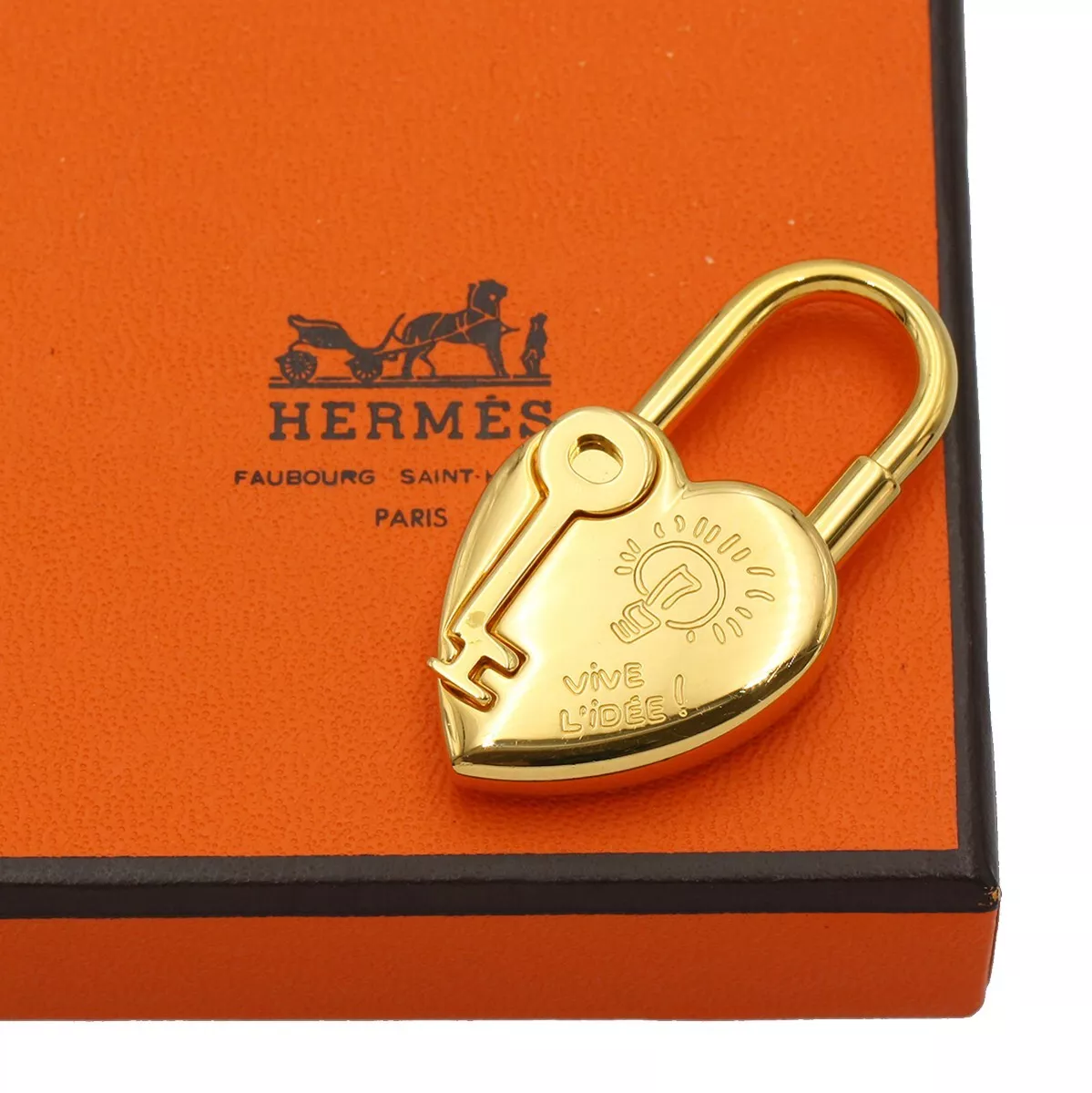 Authentic HERMES Heart Motif Cadena Lock Bag Charm Gold Tone