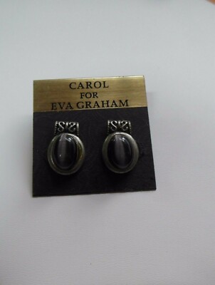 Carol For Eva Graham Post Earrings Black & Silver Oval