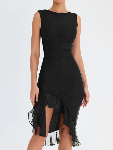 Elegantes Rüschen Midikleid für Damen Neu Rückenfrei Ärmellos Unregelmäßig Party - Bild 6 von 30