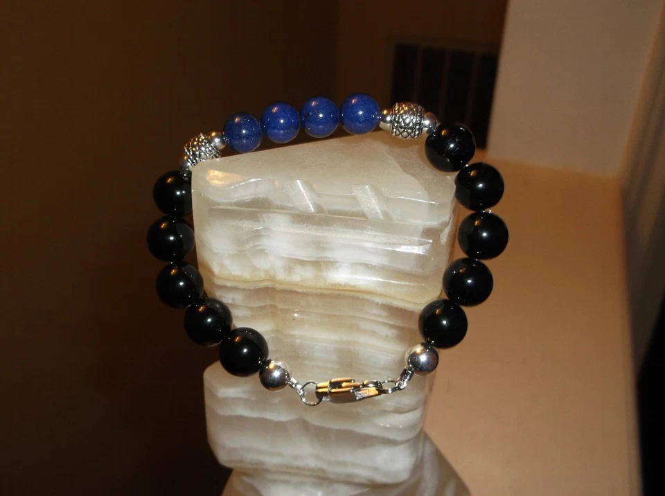 PULSERA HOMBRE HECHA A MANO 9" 12 MM ÁGATA NEGRA Y 10MM LAPISLÁZULI AZUL CUENTAS  Foto 4 de 4