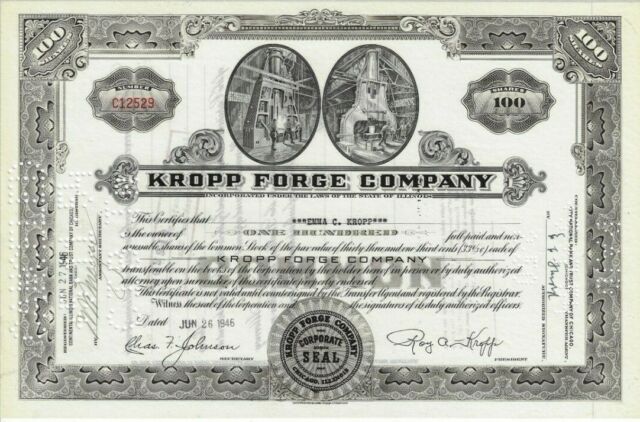 Kropp Forge Company Illinois 1946 (100 Shares) Emma C. Kropp