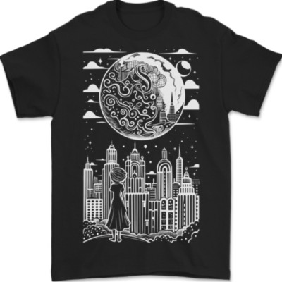 Fantasy City Black and White City Anime Mens T-Shirt 100% Cotton