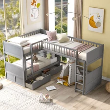 L-Shaped Twin Size Bunk Bed with Loft Bed With 2 Drawers for Kids Teens Gray