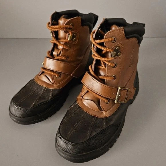 Polo Ralph Lauren Kids Boys Duck Boots Sz 4 Youth Brown Black Lace Up Rain Fall - Image 3 of 4