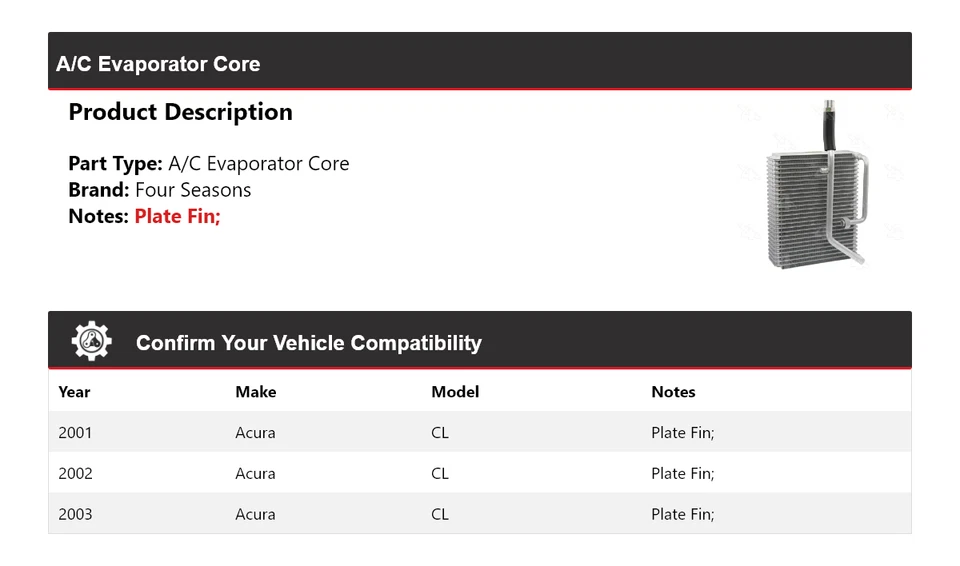 Núcleo evaporador de aire acondicionado Acura CL 2001-2003 4 estaciones 2002 Foto 2 de 4