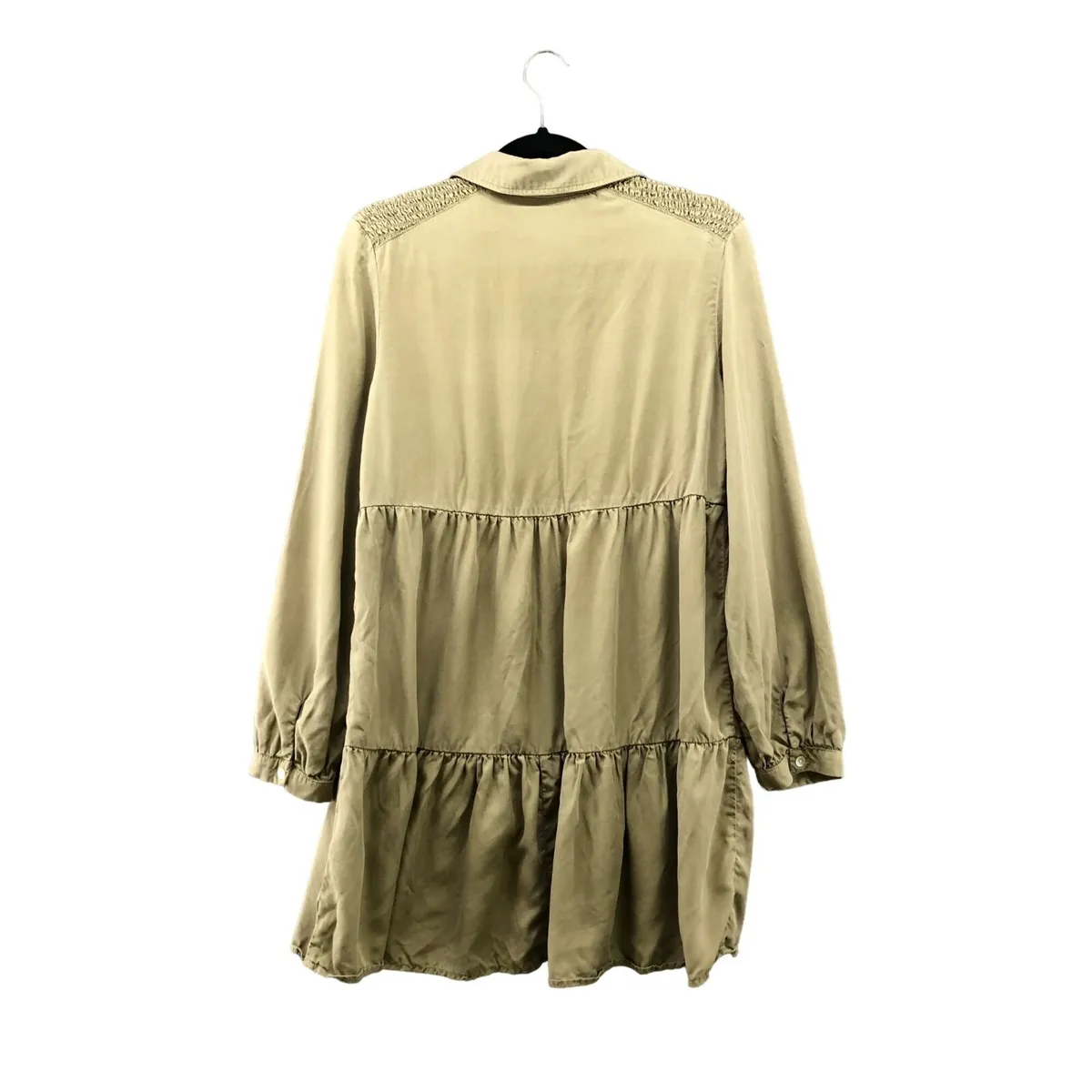 Zara Lyocell Tiered Shirt Dress Olive Green Long Sleeve Size XS