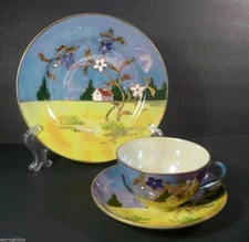 Vintage TT Porcelain Landscape Lusterware Cup Saucer Plate Gold Accents Japan