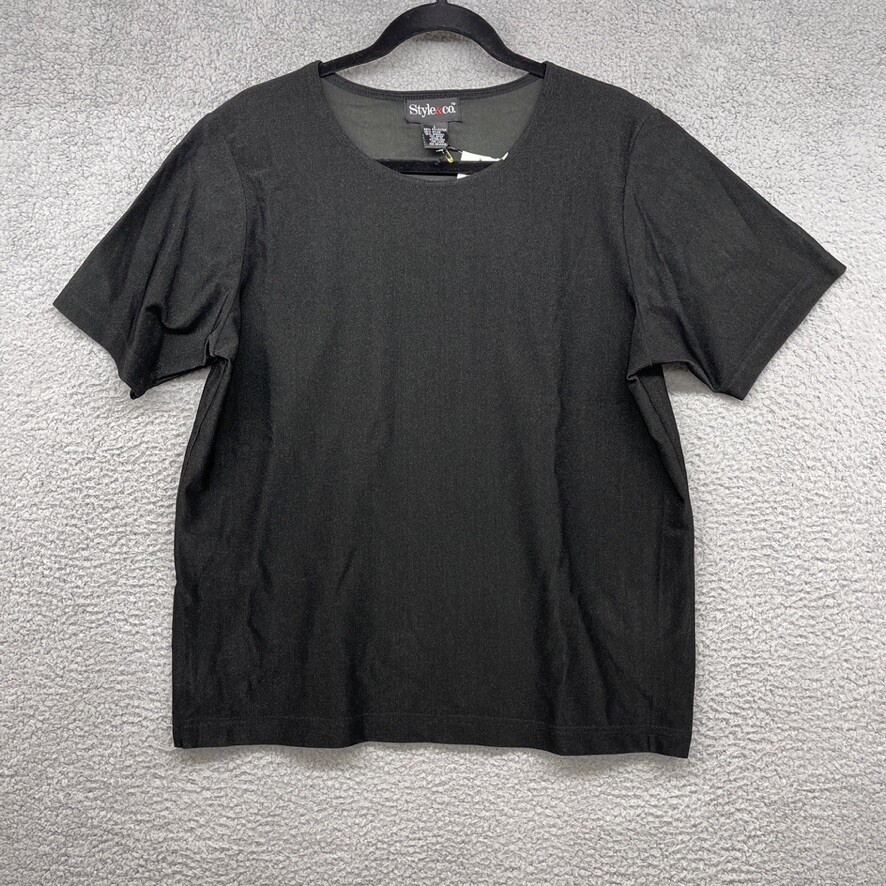 Style Co Womens T-Shirt Black Satin Short Sleeve Crew Neck Size L