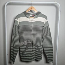 Y2K Ocean Earth Knit Jacket Size Small Acrylic Grey & White Zip Hood