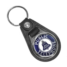 Public Telephone Bell Systems Vintage Telephone Sign Round Faux Leather Key Ring