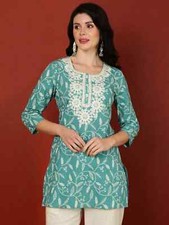 Indian Women Blue Cotton Embroidery Printed Kurta Kurti Top Tunic New Dress