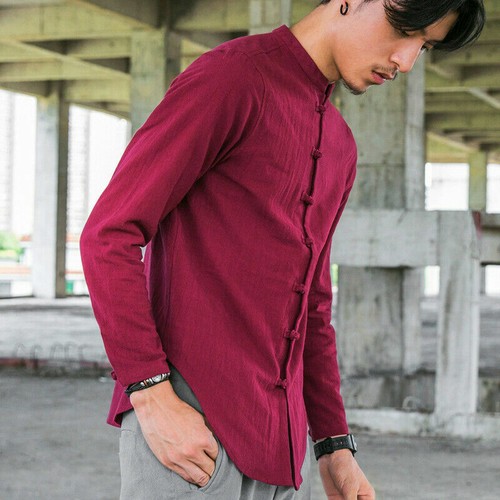 Men Ethnic Shirt Cotton Linen Solid Chinese Kung Fu Tops Frog Button Casual Slim - Picture 13 of 19