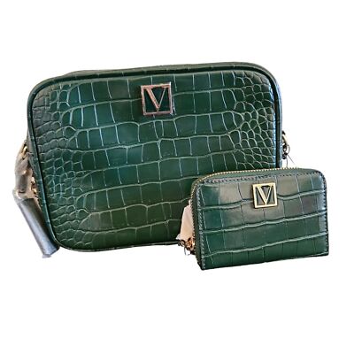 Victoria's Secret Green Croc Embossed Crossbody Bag & Wallet Set