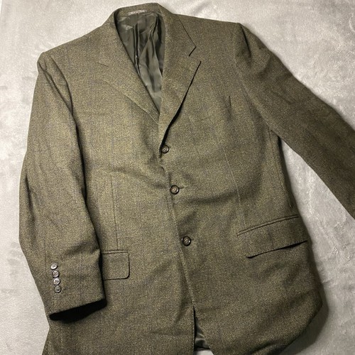 Corneliani 100% Virgin Wool Men 46L Long Green Plaid Blazer Jacket Coat 3 Button - Picture 2 of 15