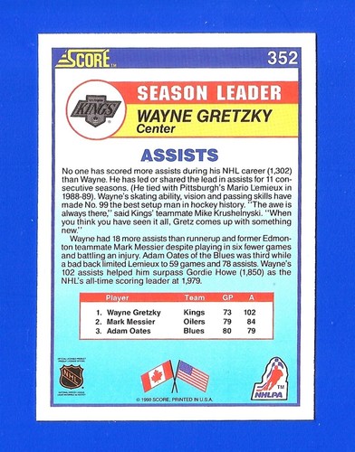 1990-91 Score HOCKEY #352 WAYNE GRETZKY ASSISTS NM+ HOF LOS ANGELES KINGS (SB1) - Picture 2 of 2