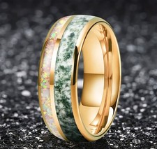 8MM Men and Women Tungsten Carbide Ring Moss Agate and Crushed White Opal Inlay