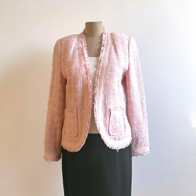 Happy Pink Chico's Tweed Coco Jacket Frayed Edges w/ Pockets Size 1 US 6