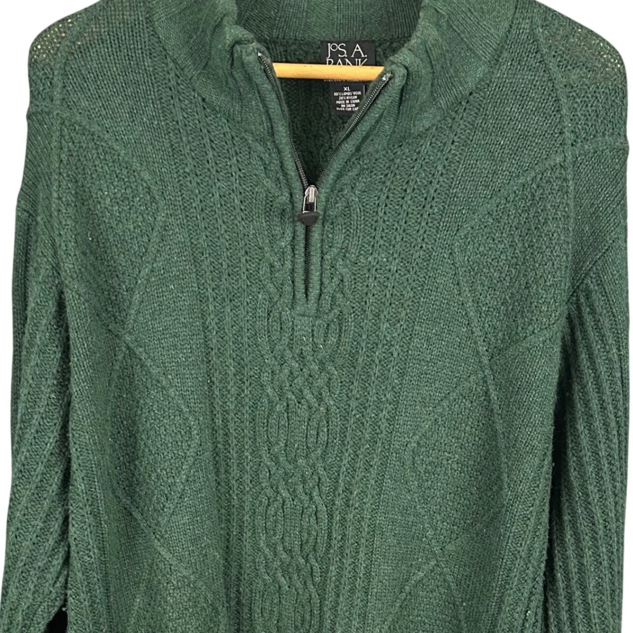 Jos. A. Bank Mens XL Green Lambswool Blend Cable Knit Quarter Zip Sweater