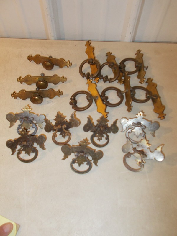 LOT OF Vintage MCM Brass ring pull hardware handle Furniture WITH BACKPLATES