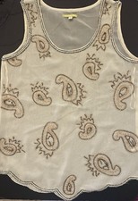 Women SMALL Gianni Bini Sheer Ivory Overlay Bead Tunic TANK TOP Paisley Vintage