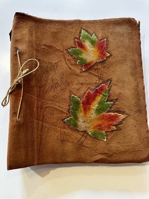 Antique Postcard Album Laced Suede Leather Cover Maple Leaf L@@K Empty