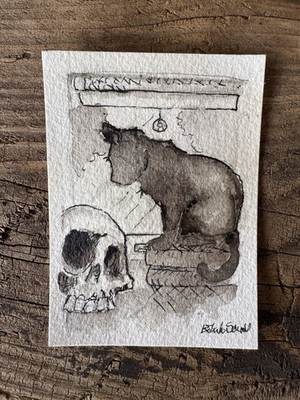Origional Watercolor  ACEO Cat and skull signed by artist Edith Schmidt