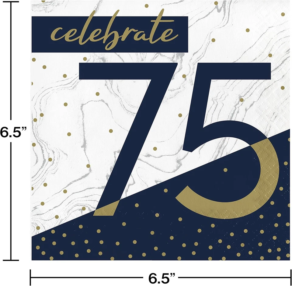 Servilletas Trendware azul marino y dorado 75 cumpleaños, 48 quilates Foto 2 de 4