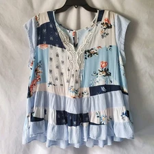 DR2 Size XL Shirt Boho Patchwork Print Peplum Ruffle Lace Peasant Button Neck