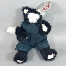 Ty Attic Cat PURRCY Black  White  Dk Teal Overalls, Green Eyes  Jointed 8.5"