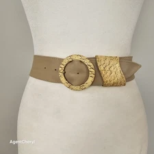 Vintage M/L 31-35" Genuine Leather Wide Sash Belt Snakeskin Buckle Wrap Beige 