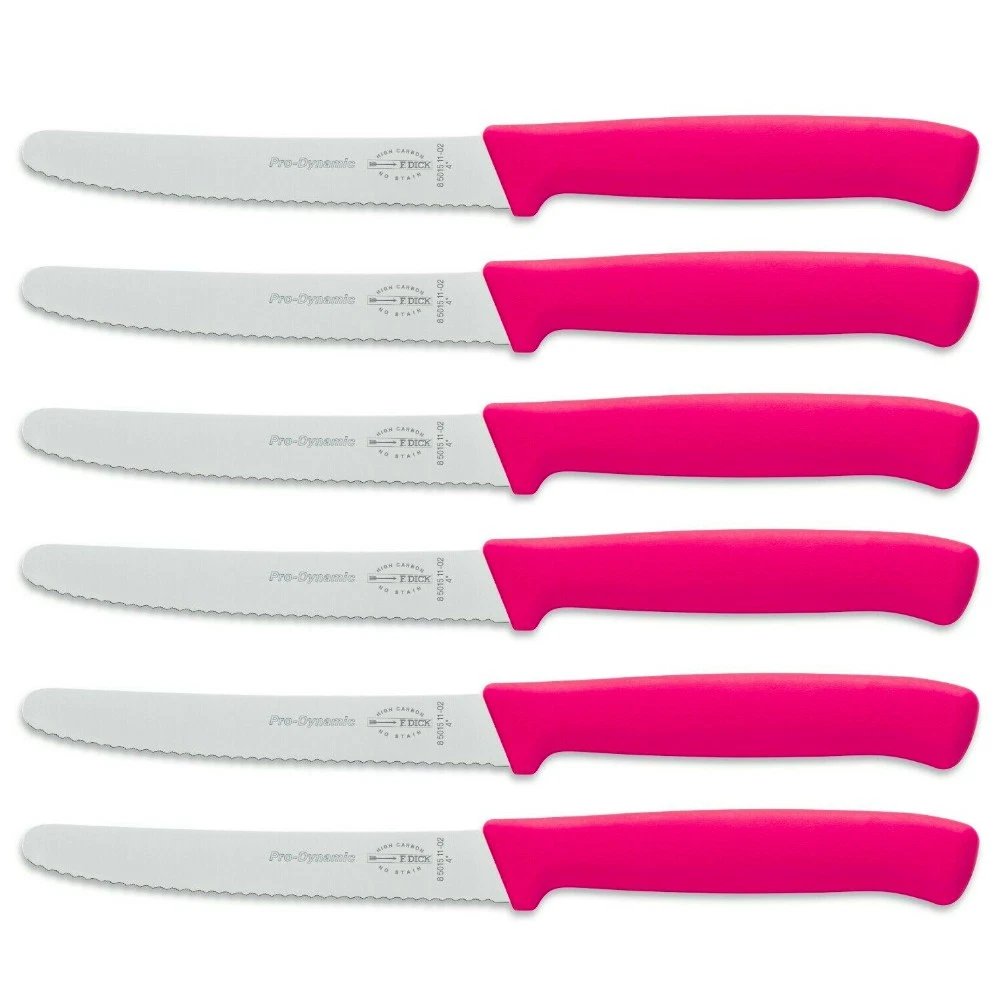 F DICK FDICK x 6 Micro Serrated Utility Steak Knives Knife Tomato PINK 11cm
