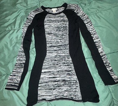 Cache Sweater Womens Small Ribbed Striped Black White Y2K Bodycon Tunic
