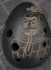 Chinese Xun Flute Musical Instrument Hand Carved Samurai   Ceramic 4" Tall 