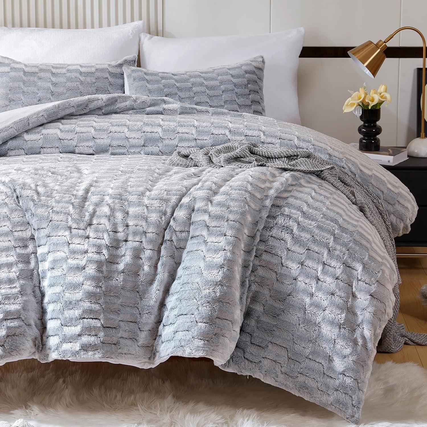 YIYEA Fluffy Duvet Cover Set - Ultra Soft Plush Faux Fur Comforter Cover King -