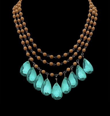 David Aubrey Artisan Layered Triple Beaded Strand Teal Green 18K Gold Necklace
