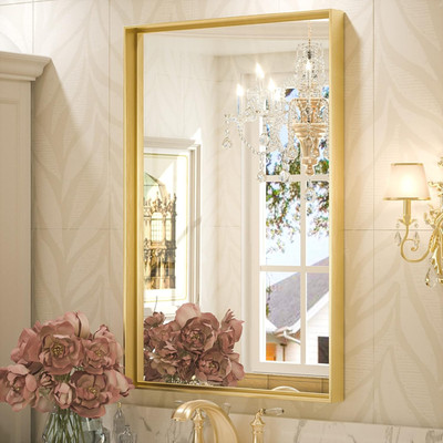 Elegant Brushed Gold Bathroom Mirror 24x36'' with Rectangular Metal Frame