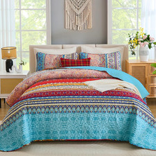 Bohemian Quilt Set King Size, Boho Striped Printed Quilts Bedspread Set for All
