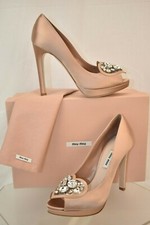 MIU MIU PRADA NUDE SATIN JEWELED CRYSTALS PLATFORM PEEP TOE DRESS PUMPS 38 ITALY