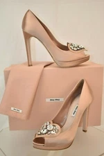 MIU MIU PRADA NUDE SATIN JEWELED CRYSTALS PLATFORM PEEP TOE DRESS PUMPS 38 ITALY