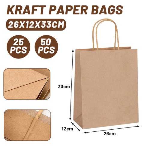 50PC BULK Kraft Paper Bags Brown Gift Shopping Carry Craft Retail Bag Reusable - Picture 15 of 16