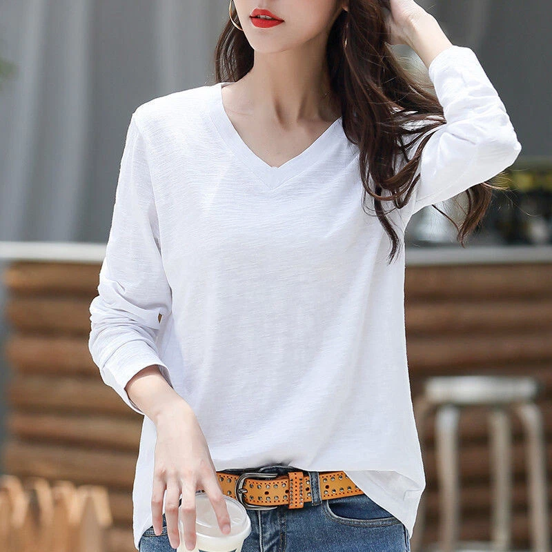 long sleeve white shirt women's v neck