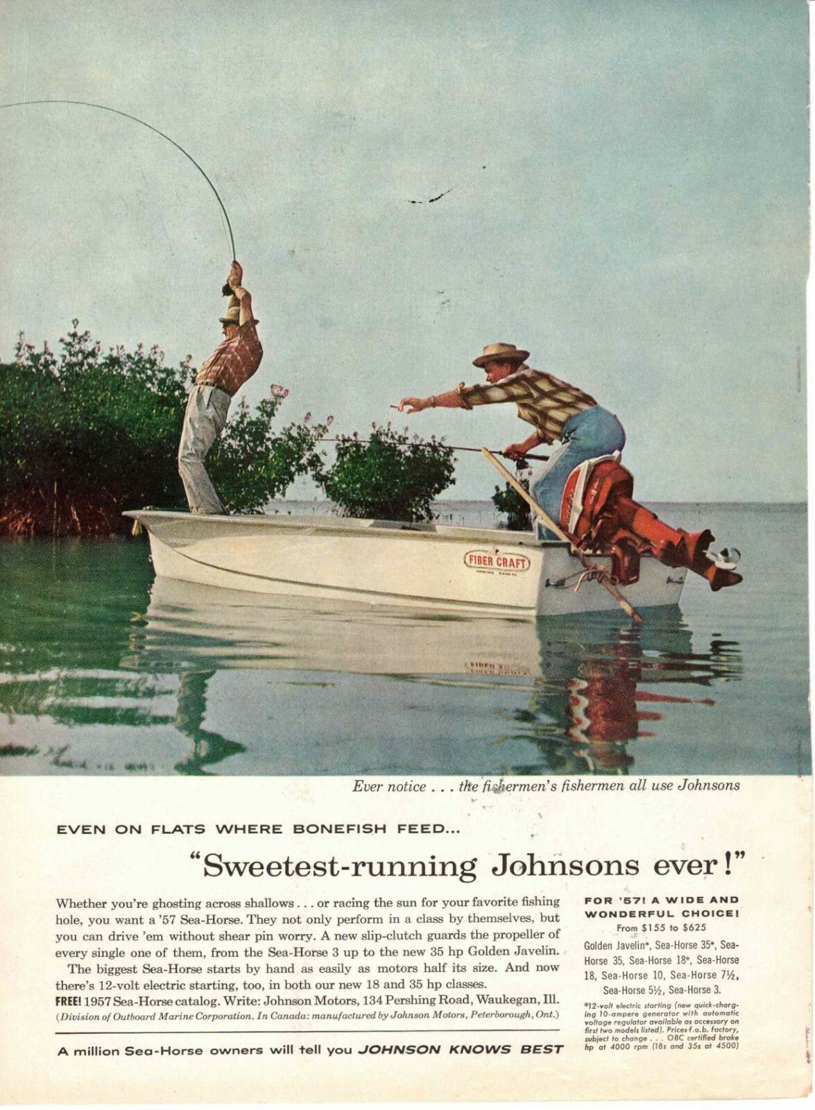 Johnson Sea Horse Outboard Motor Golden Javelin Bonefishing ad 1957 Waukegan IL