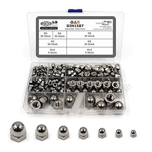 Set di 230 dadi esagonali a norma DIN 1587, in acciaio inox A2 V2A, (t7O)