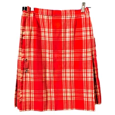 Vtg Womans Kilt Red White Plaid Pure Wool Made In Scotland Sz 14 28" waist 21" L