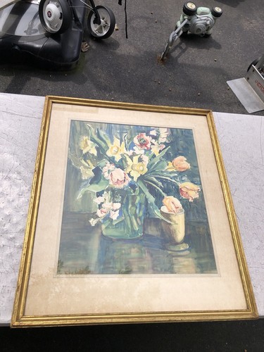 Vtg Marion Hastings Watercolor Painting Spring Flowers Frederick & Nelson Frame - Picture 2 of 12