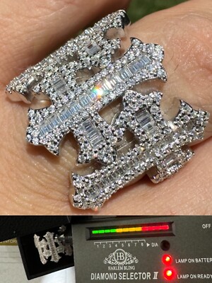 MOISSANITE Iced Real Baguette Gothic Three Cross Ring Solid 925 Silver Hip Hop