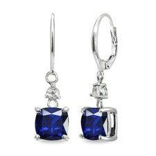 Oval Created Blue Sapphire  White Topaz 925 Silver Dangle Leverback Earrings